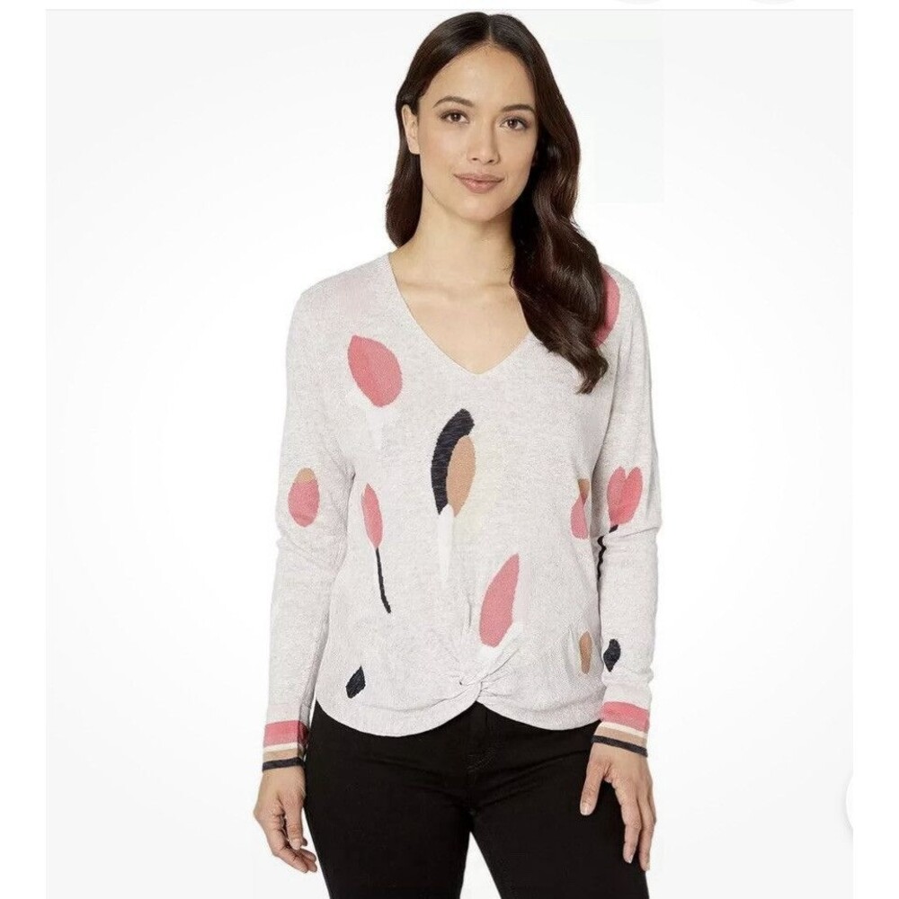 Nic+Zoe Women Size M Rose Garden Linen Blend Front Twist Knot Sweater Timeless